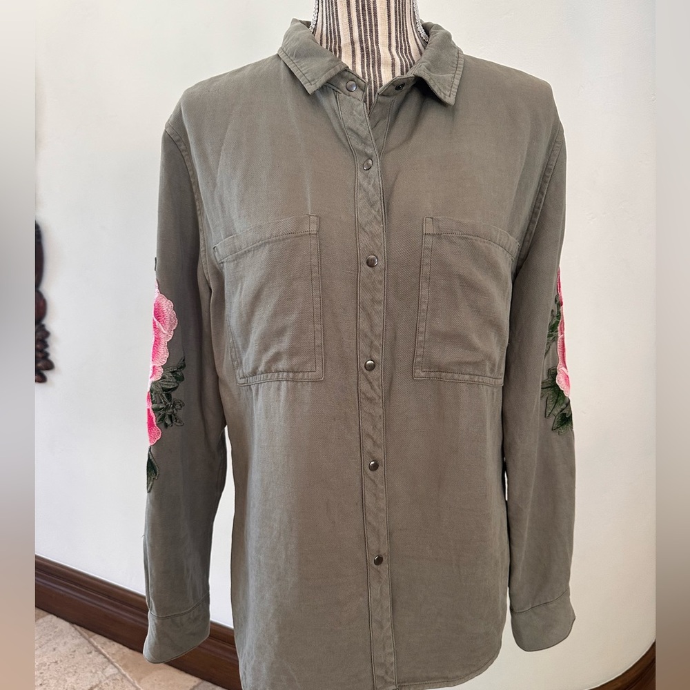 Rails Olive Green Button-Up Shirt with Floral Embroidery